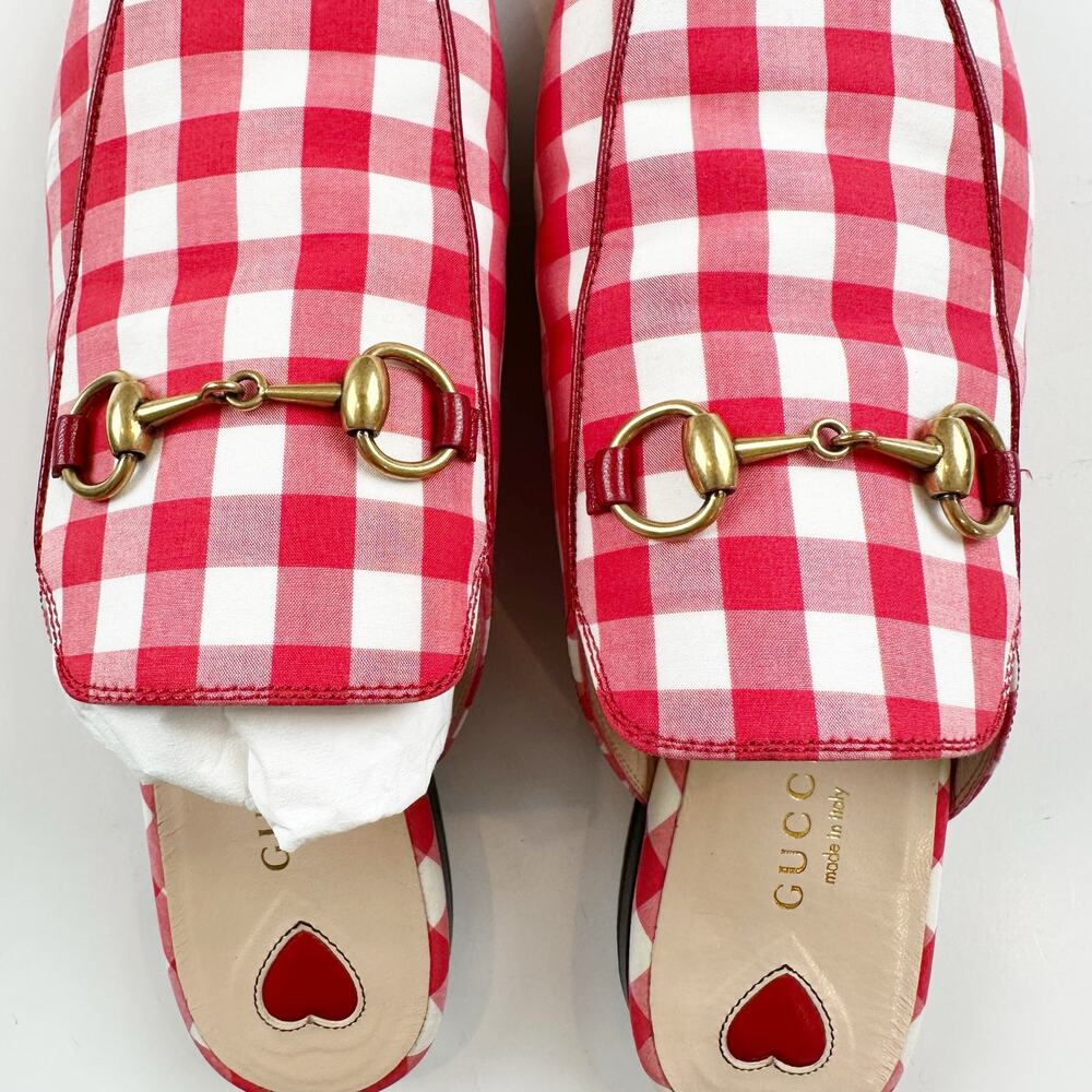 Gucci Princetown Mule Red White Plaid Gold Horsebit Vichy Checkered Size 37 US 7 - Picture 9 of 14